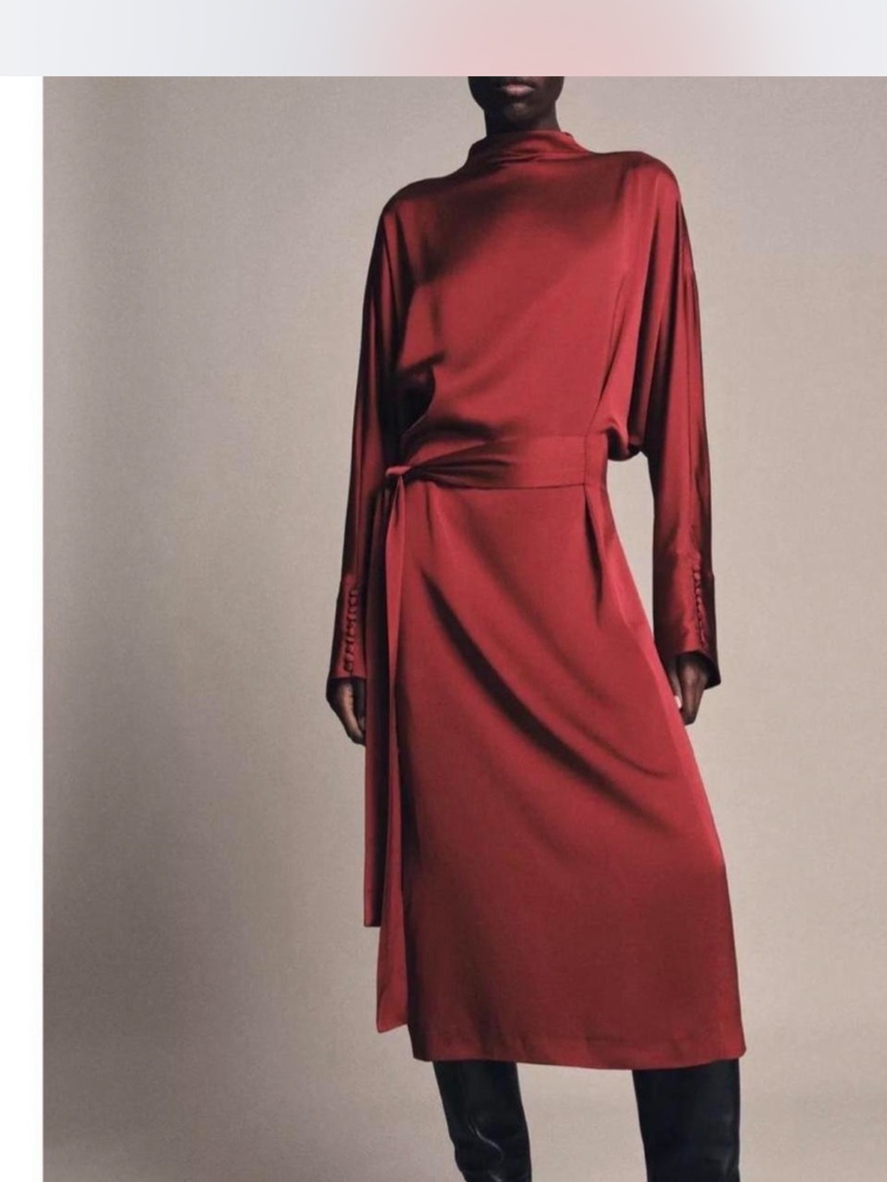Zara Ruby Red High-Neck Satin Wrap Midi Dress